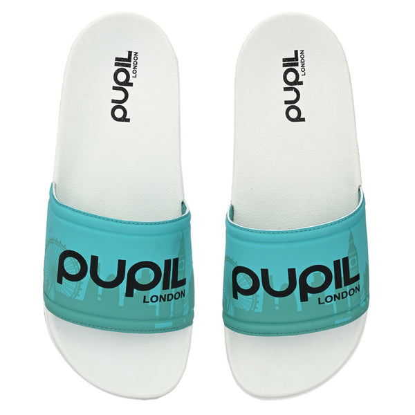 Pupil Men's BEN-1 Pool Slider, Electric Cyan and White